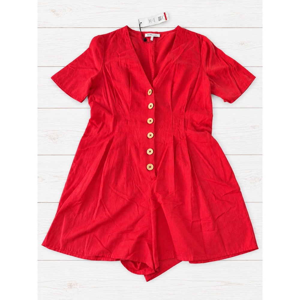 BCBGeneration Romper Short Sleeve V-Neck Button Front Cherry Red Linen Blend S